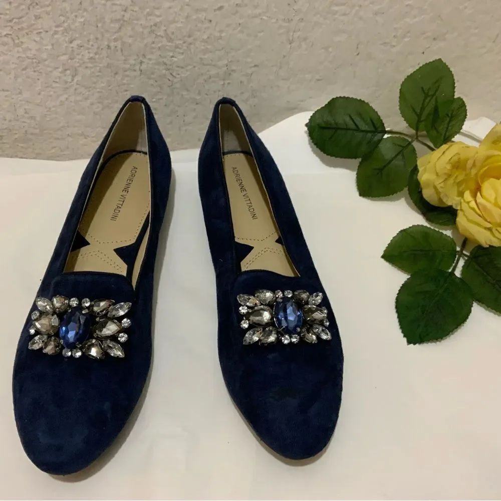 New Adrienne Vittadini Flats Women’s Blue Velvet Rhinestones 6 1/2